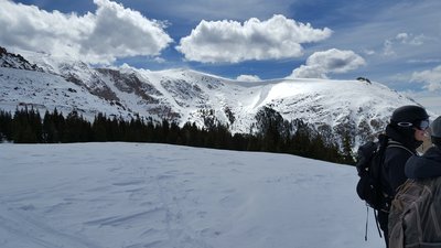 Taken near the summit of the Pikes Peak Ski Area, facing northwest. The Cornice Bowl is visible on the right with Little Italy just to the looker's left. Cornice collapses are common, so use caution in this area.
