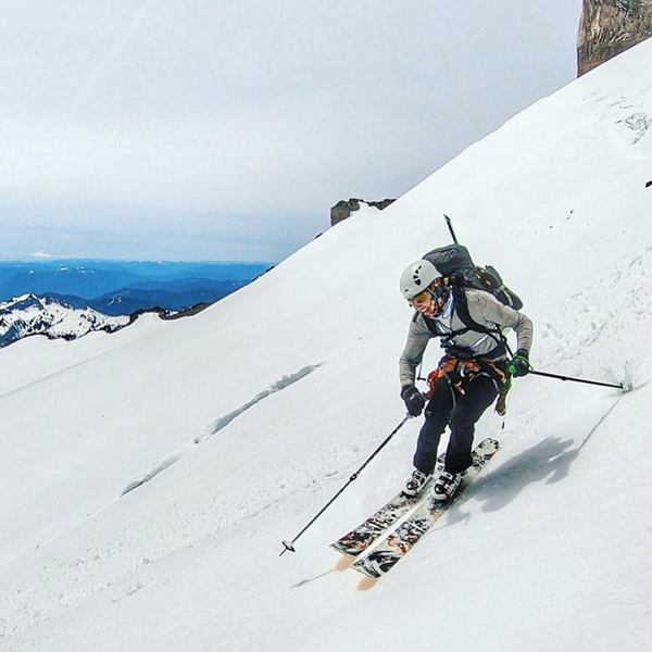 Vik Sahney descending from Little Tahoma (note the crevasse in the background) (Photo credit - Gavin Woody)