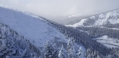From the start of 6.3/6.5 looking back at the Mines Shoulder, tracks in middle of the picture show our route to 6.5. Not quite on Mines 2 Avalanche Path