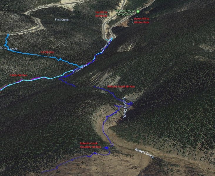 Google Earth view of Roberts Creek approach connecting to the Roberts Shoulder/Creek Ski Run
