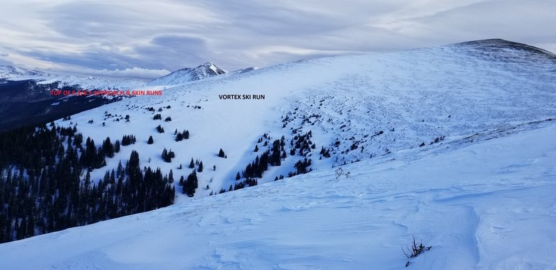 Looking across at the Vortex, 6.3 and 6.5 Ski run starting point, also the start of the Roberts Creek approach. Notice the ski track low on the Vortex