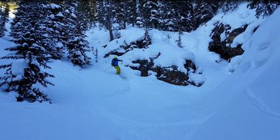 John V skiing below the down climb section. We were avoiding the mandatory air section, but after further review these landing look great.