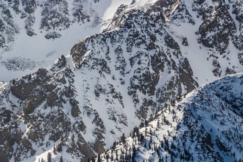Lake Fork's east ridge from Frazer Mountain.  Cerberus Couloir is in the center, 4th of July on the right