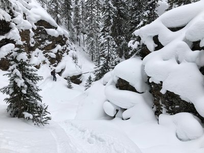 Looking down into the Flora Creek Drainage, one of the tighter/steeper sections