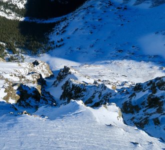 Looking down the couloir from below the cornice, the entrance is to the right of where this was taken.