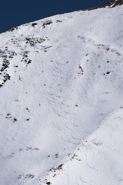 Snowboard tracks on the mountain known locally as Dog Peak after a rare Spring storm left a deep snowpack on the west side of Wheeler's north ridge, which is usually windblown and scoured down to the rocks.