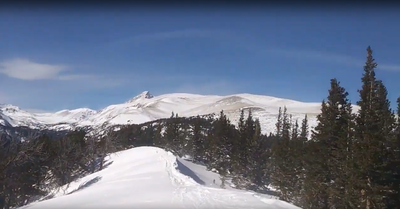 Top of Klondike facing north, towards the Arapahoe Peaks. Head this way, ride the saddle down keeping left if you want to ascend the opposite ridge on Bald Mtn, veering right to go back into the drainage (skin track back)