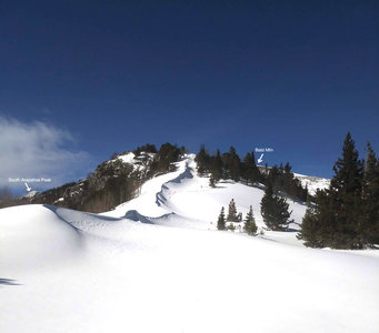 Looking up Baldy's skirt. Klondike ridge directly behind us. Gladed run lookers right, or this ridge continues up about 2x this distance. Fun ride back down
