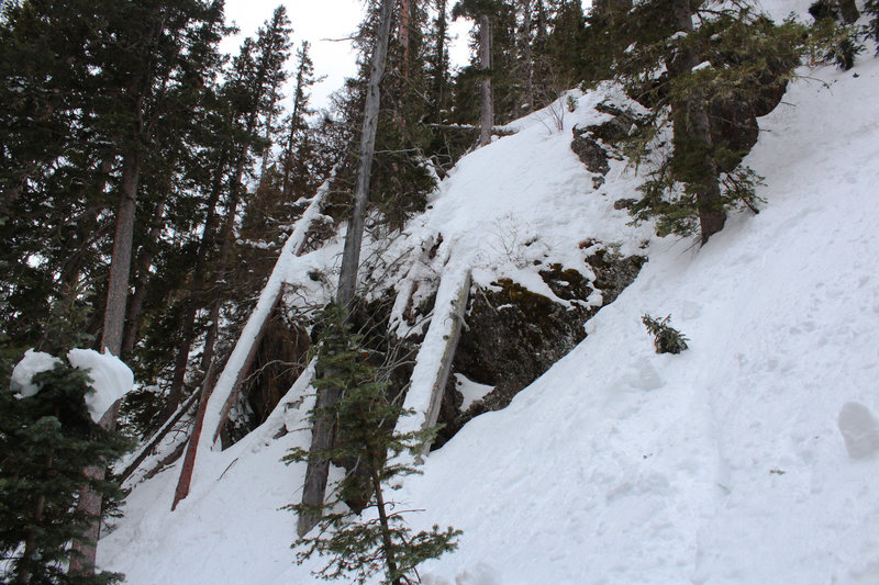 Cliff band near the bottom of King Solomon, staying skier's left avoids the cliff.