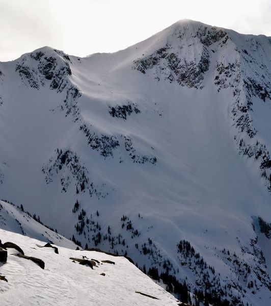 Ski descent from the summit of Steep Peak (center just left of summit). Both cliff bands are visible in the middle of the line as well as the gully option through the 2nd or middle cliff.