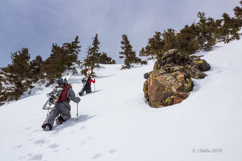 Pup's Den 1, climbing towards the steepest part of the chute with a 48° slope angle, April 2, 2019