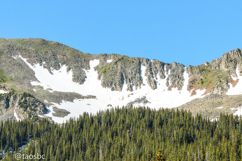Sin Nombre's rugged northeast slopes on July 10th, 2019, after a typically average snowfall season