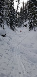 Lower down in the drainage before it gets steep. Keep up your speed or you'll be pushing!