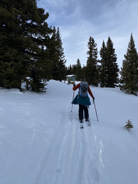Kristin approaching the Ski Patrol Hut near the top of Geneva Basin Ski Area 2/1/2020.