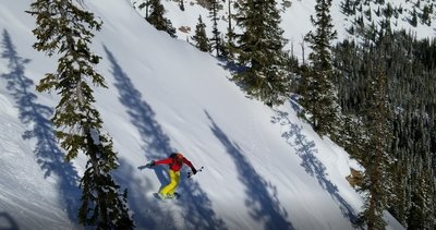 Carl Pluim on the initial drop in, First Creek "Chimney Chute"