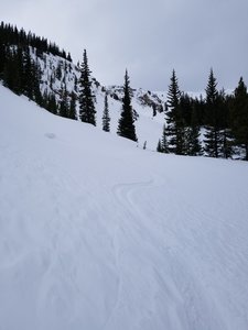 Upper Zero Creek drainage, Zero Creek bowl seen in the background - skiing is fairly easy