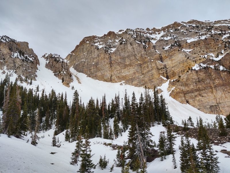 The twin couloirs of Desert Peak. The west twin, as you can see, had a rock slide in it. So I skied the east twin.