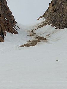 This is looking up the west couloir of the twins.  Skiing off fall-line and avoiding lots of debris was not my idea of fun, so I skied the east twin.