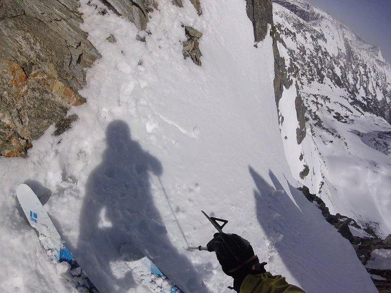 Skiing down the steeper and more challenging skiers right line on the Y Couloir, 4/21/2020