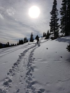 Climbing towards the old ski patrol cabin.