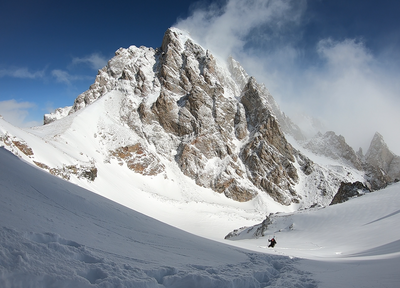 The Grand, looking down Middle Teton Glacier.