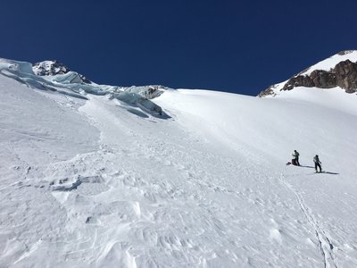 Lower Elliot Glacier, below the lower icefall and climbing up to the Snow Dome.