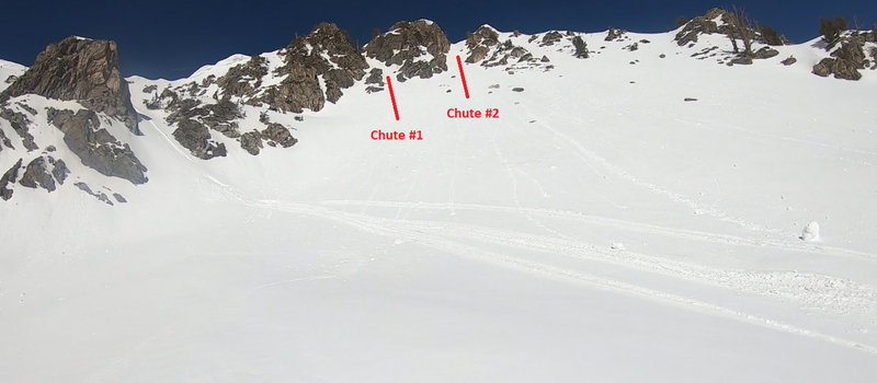 Here are the chutes you can see after skiing into the cirque below Thurstan Peak's north-east face.