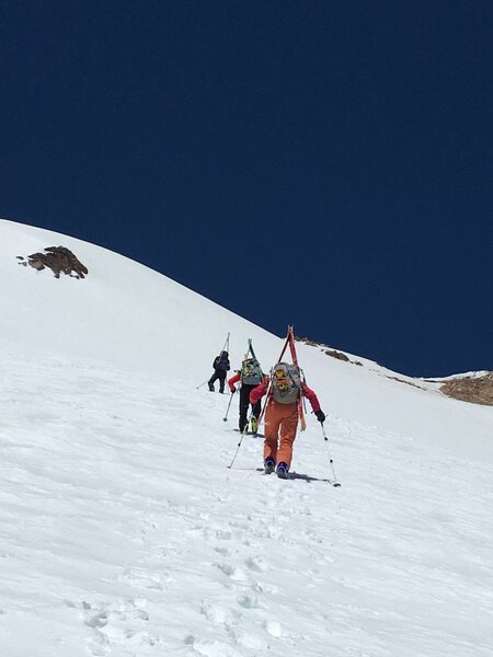 Transition to boot pack at circa 9,600. Slope angle approx. 35 degrees.
