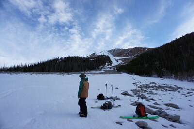 Whit looking up at the couloir from the looker's-right snowfield.