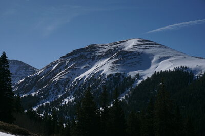 The couloir is at the center of the photo, the gully just to the right.