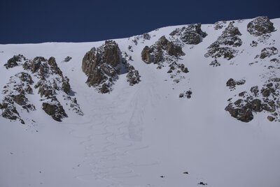 Be careful to avoid causing a wet slide, like we did on the steepest chute.