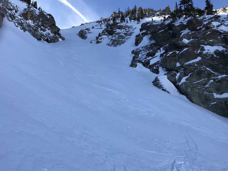 Looking up the couloir, more than halfway down.