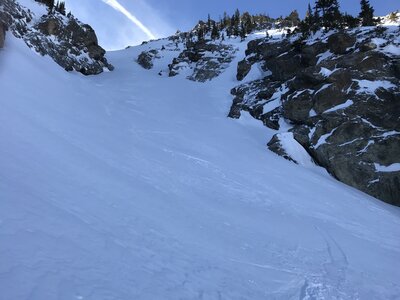 Looking up the couloir, more than halfway down.