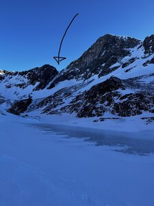 Dana summit is directly above the large rock face. Arrow points to Dana Couloir