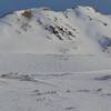 Zoomed in photo of Hagar from just above treeline in Dry Gulch, the main descent is arrowed, along with a thin diagonal alternative to the left