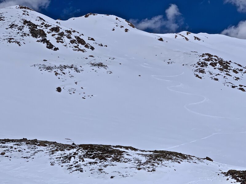 My tracks down the couloir, taken from a few hundred yards down the bench in front of Hagar
