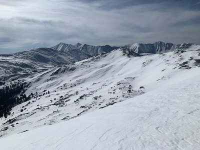 Looking back on the skin track across North Loveland Pass, atop Point 12,574.