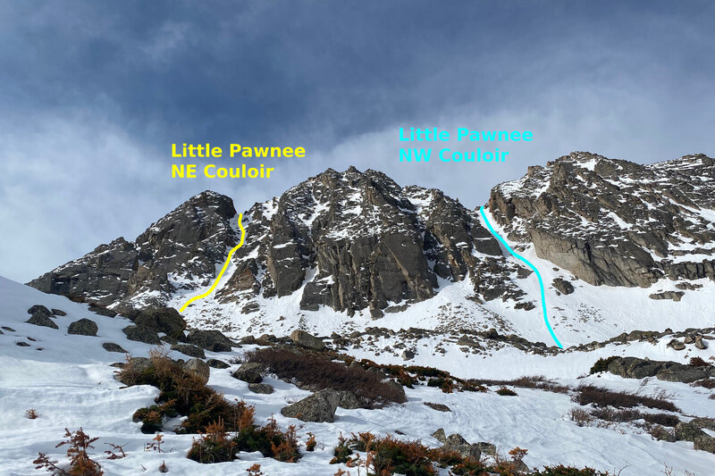 Little Pawnee's two North Couloirs (east and west) from just below Little Blue Lake.