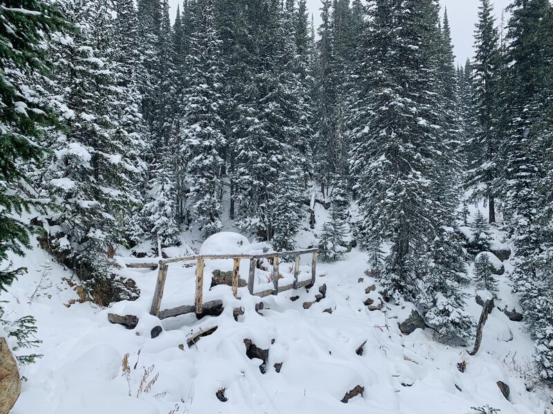 Bridge after the forest lakes cutoff in early season conditions.