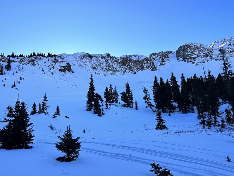 Grandma's Couloir is the far right open field, where the ski tracks are coming down (duh)