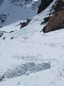 Looking down the couloir around the midway point. There are several rocky chokepoints along the way down.