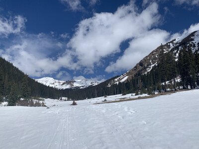 The beginning of the skintrack up Herman Gulch ... Machebeuf is to skiers right, Pettengell ahead, & Bethel to the left.