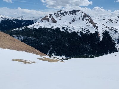 Looking down the Mache Boujiee Coolie from near the top. Angle is very mild throughout this couloir. Mt Bethel is ahead (looking south).