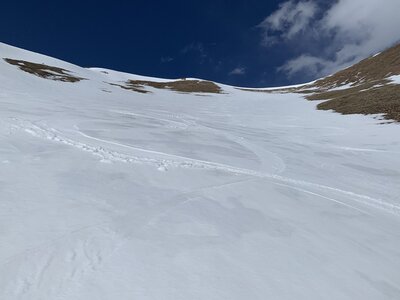 Looking upwards at wide turns available at the top of this massive gully.