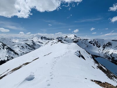 Looking west from the summit ridge of Mt Machebeuf on the Herman-Jones-Watrous Connecter. Endless lines from this ridge.
