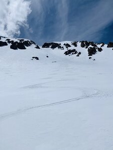 Looking up at the ski line from the bottom of the couloir.