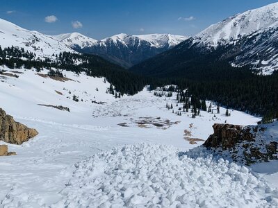looking out of the couloir from near the bottom - debris is omnipresent