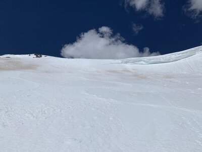 looking up at the top pitch of the east face of Mountain Boy Peak. Mind the cornice.