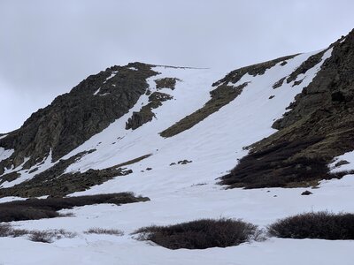 close up of the pair of couloirs - snow here late into the season
