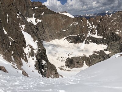 A few turns below the top. Once you get beyond the rollover, the rest of the couloir becomes visible.